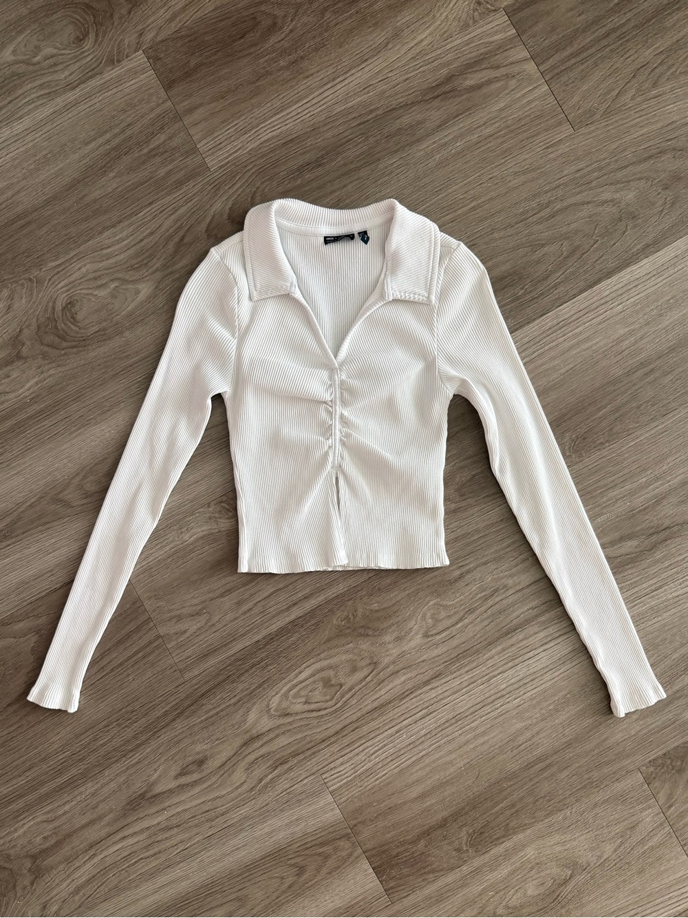 ASOS White Ribbed Long-Sleeve Polo Crop Top with Ruched Front